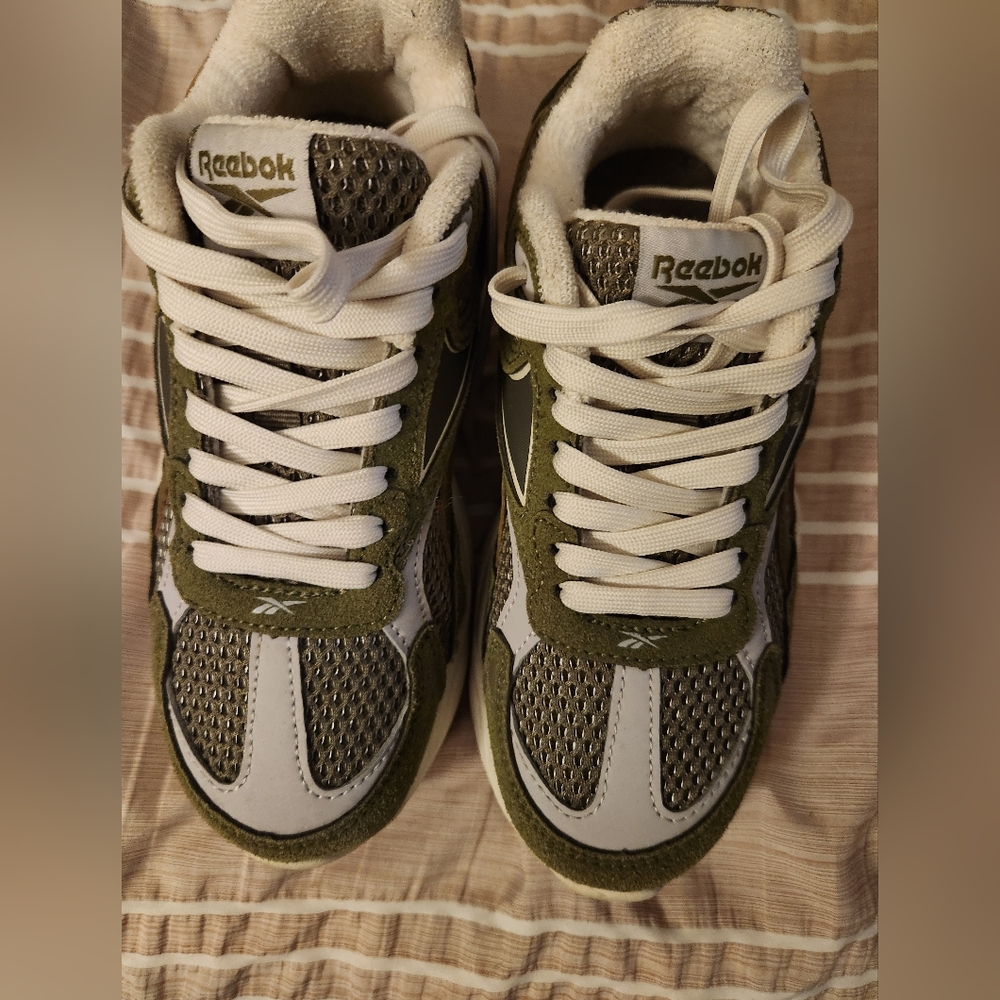 Reebok Olive and White Retro Runner Sneakers